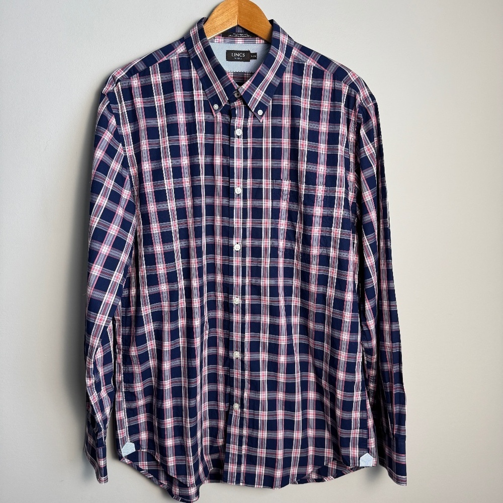 LINCS DC&Co Men's Lightweight Long Sleeve Button Up Shirt Navy/Pink Size X-Large